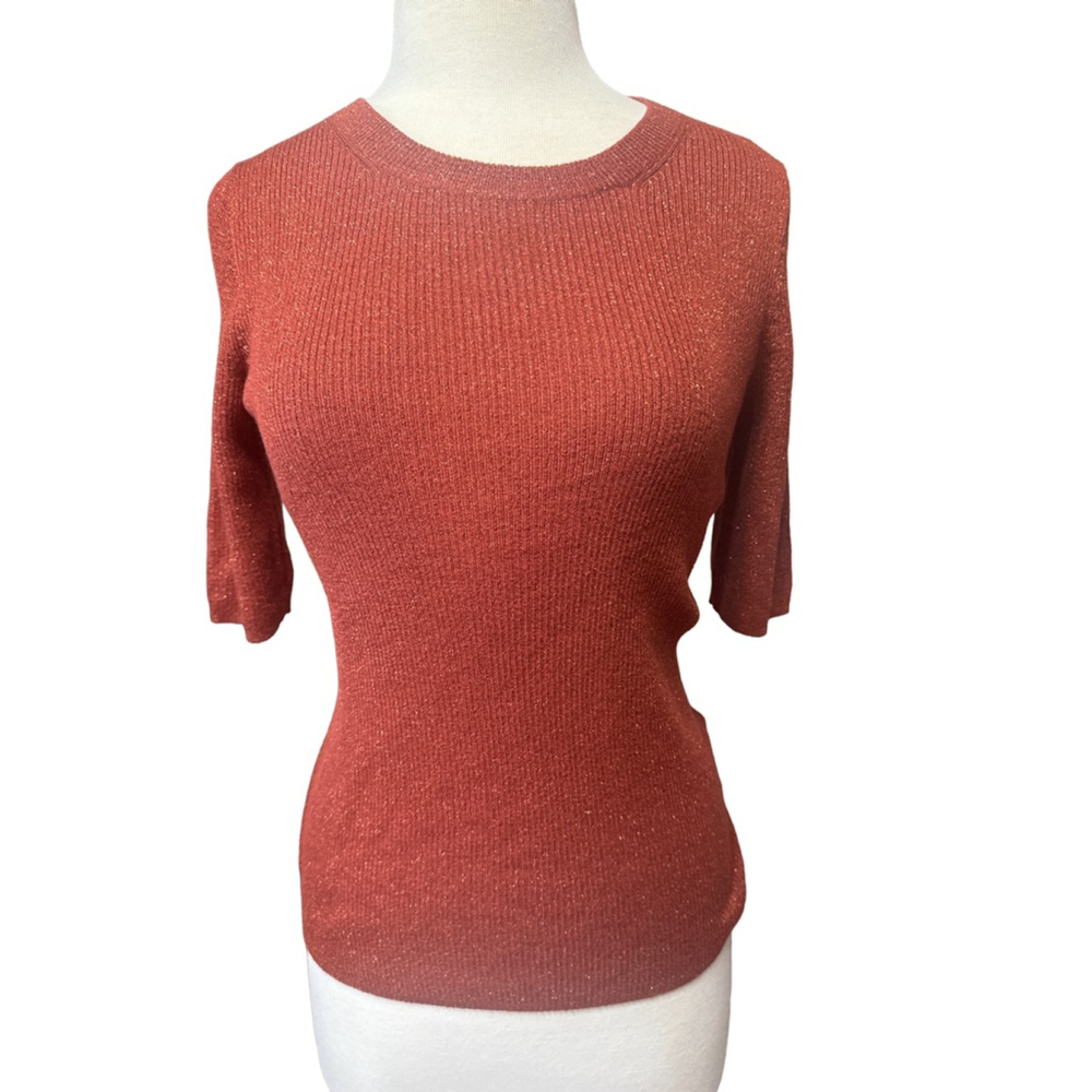 MADEWELL Rust Gold Shimmer Ribbed Knit Crew Neck Sweater SIZE M